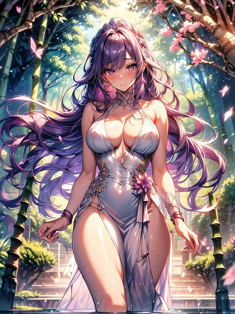 mature woman, 1girl, (masterpiece, best quality, extremely detailed), sharp focus, detailed face, face focus, extremely detailed eyes, long hair, crown braid, hair over the shoulders, (purple hair: 1.3), purple eyes, (sparkling eyes: 1.2), long eyelashes, (strong blush, drunk: 1.2), delicate makeup, big breasts, ((pink and white complicated dress, bare shoulders, décolleté)), ((dusk, holding diamond shard, discovery, bamboo shoots background, grass,  green particles around, calm lake, cherry blossom background, breeze)), cinematic lighting, edge lightning, ray tracing, shading, dynamic angle, full-length image, walks, mermaid,