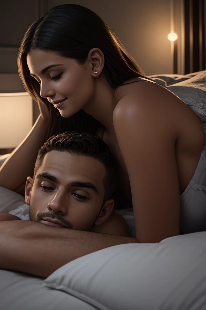 woman telling secrets into a man's ear, lying in bed. Her face is illuminated by soft, intimate lighting, revealing an expression of satisfaction and happiness. 4K resolution captures every detail, play of shadows and light on your skin, portrait.