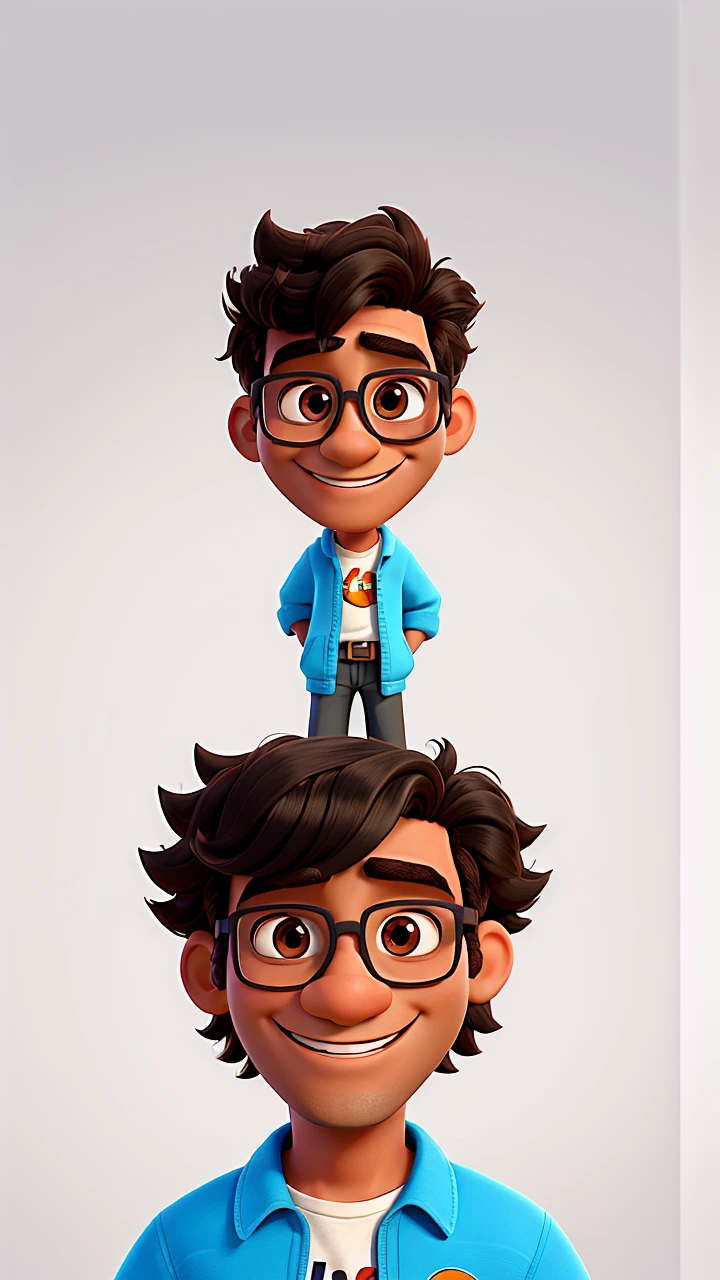 Poster not in Disney Pixar style, high qualiy, best qualityer, Brown man, 40 years black hair, smiling, with glasses. com fundo branco