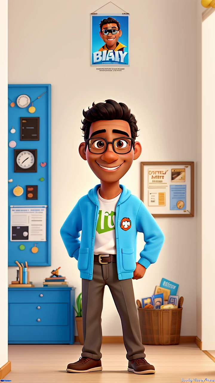 Poster not in Disney Pixar style, high qualiy, best qualityer, Brown man, 40 years black hair, smiling, with glasses. com fundo branco