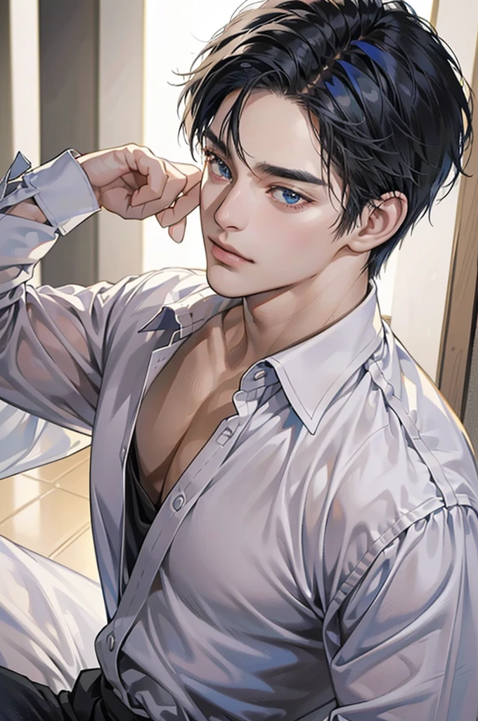 (best quality,4k,8k,highres,masterpiece:1.2),ultra-detailed,(realistic,photorealistic,photo-realistic:1.37),30 year old man,handsome anime,portraits,strong,masculine,dark blue hair,sharp jawline,mesmerizing eyes,perfectly styled hair,short hair, cool anime outfit,confident expression,vibrant colors,dynamic lighting