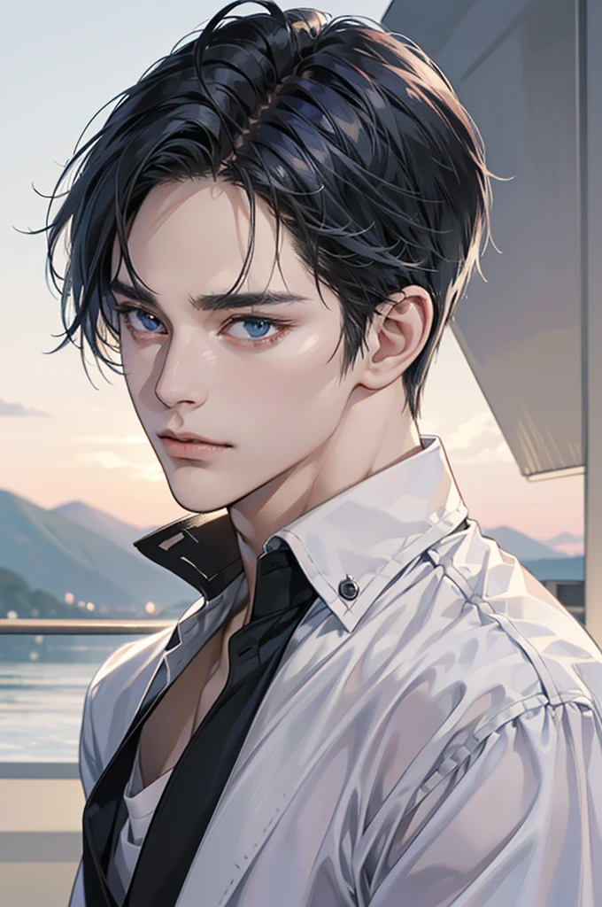 (best quality,4k,8k,highres,masterpiece:1.2),ultra-detailed,(realistic,photorealistic,photo-realistic:1.37),30 year old man,handsome anime,portraits,strong,masculine,dark blue hair,sharp jawline,mesmerizing eyes,perfectly styled hair,short hair, cool anime outfit,confident expression,vibrant colors,dynamic lighting