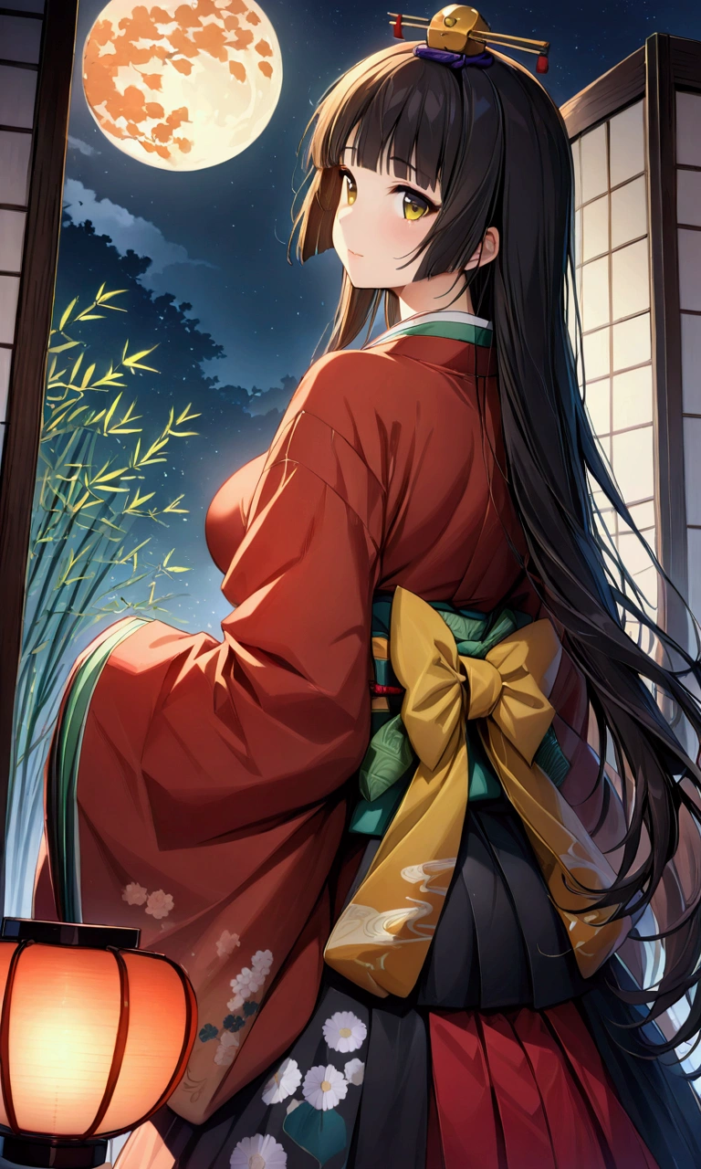 The World of Kaguyahime, (A girl looking fleetingly at the full moon in the distance:1.3), hinamatsuri ohinasama, heian red japanese clothes, wide sleeves, red karaginumo, layered kimono, 1girl solo, beautiful detailed hair, black hair (hime cut:1.2) very long hair spread out, (masterpiece:1.2), best quality, high quality, ultra high res, hyper detailed, absurdres, absolutely resolution, detailed details, ukiyo-e, (ultra wide angle:1.1), moonlight, starry sky, (bamboo thicket:1.1), (back view, standing),