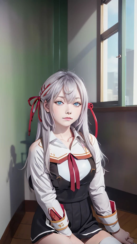 - Anime-style girl with long white hair and blue eyes - Wearing a Japanese  - Serious expression、Arms crossed - White blouse and brown skirt - Red ribbon on the collar - White thigh-high socks with decorative patterns