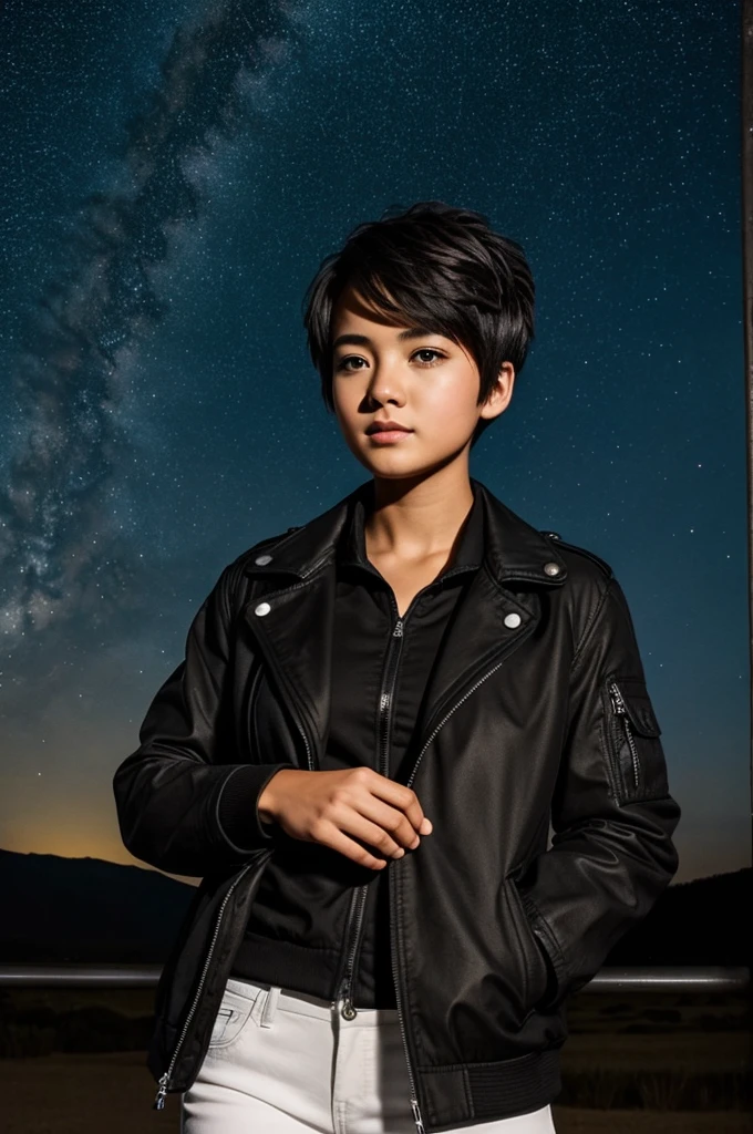 A handsome girl with a really short hairstyle, wearing a black jacket, stargazing at night