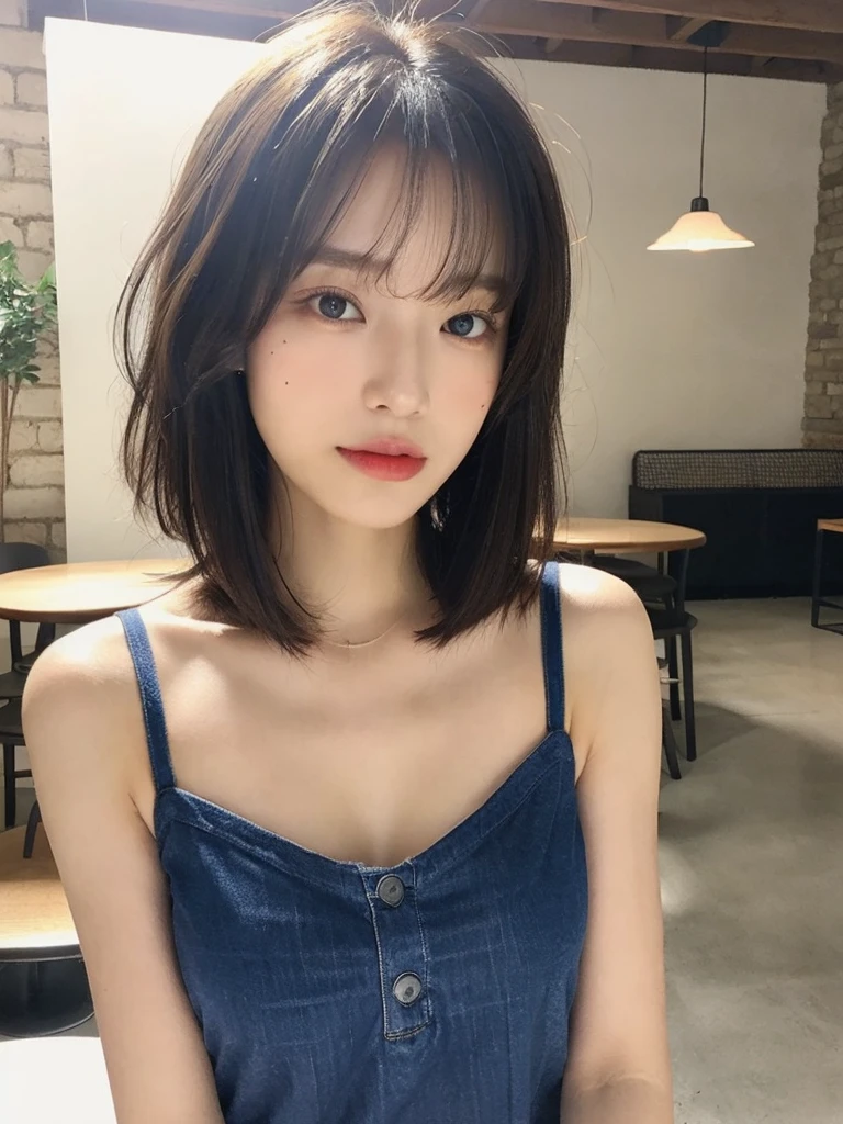 (top-quality、16K resolution)1 girl、solo、natural soft light、、A Japanese Lady、Cafe、 Looking at the camera、Light blue camisole 、Concrete background、Facing the front、is standing、bobhair、30year old、Light bangs、short-hair、Salon model、Natural look、bobcut、bob hair、short hair,Moles in the eyes、Big ole on nose