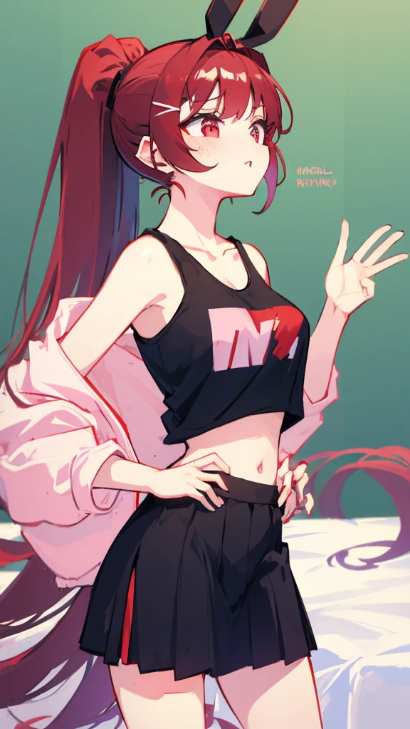 High tail hairstyle, Ponytail hairstyle, Long wavy black hair, standing posing, anime girl style, pixel art anime style,penetrating look with deep eyes,red and purple eyes, hair with a ponytail hairstyle trapped with a big red bun, women, red hair clips, x color shaped hair clips , smiling face blush, next to his bed, lingerie, tank top, Black hair, mini skirt, big thighs,