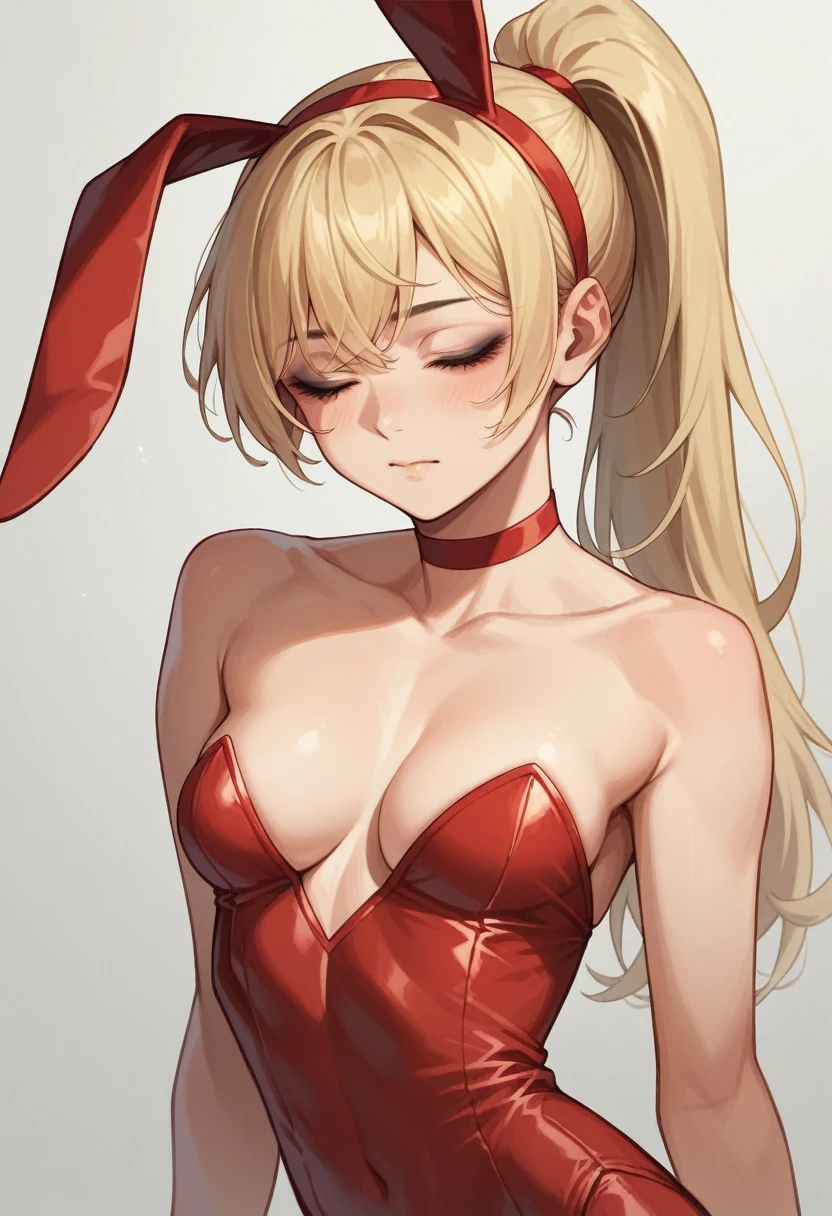 1girl, light blonde hair, one big ponytail, Thick side bangs, red choker, red bunny ears headband, ake up, black eyeliner, skinny body, y clothes, closed eyes,