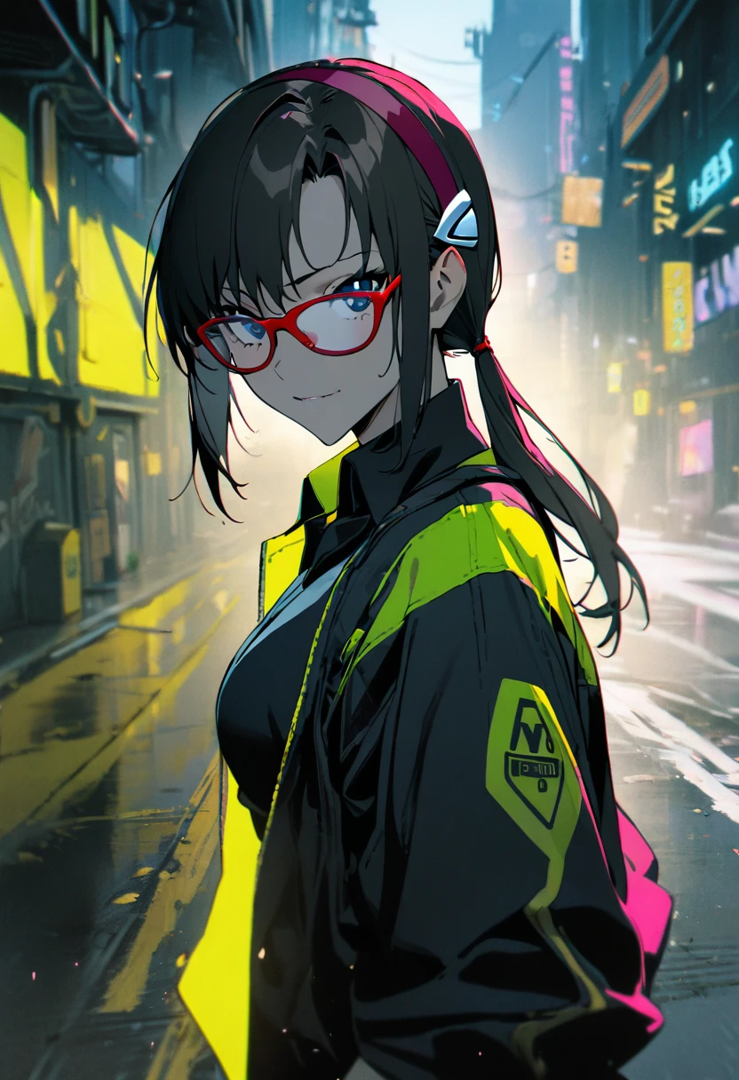 1girl, makinami mari illustrious,glasses, neon genesis evangelion,duotone yellow and black, cyberpunk setting,masterpiece, best quality, absurdres,