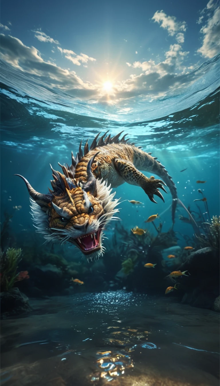 A mythical creature from the water(best quality，4K，8k，High level，masterpiece：1.2），Ultra Detailed，（lifelike，Photo real，Photo real：1.37），Highly detailed animals，Complex patterns，Realistic lighting，Fantasy Creatures