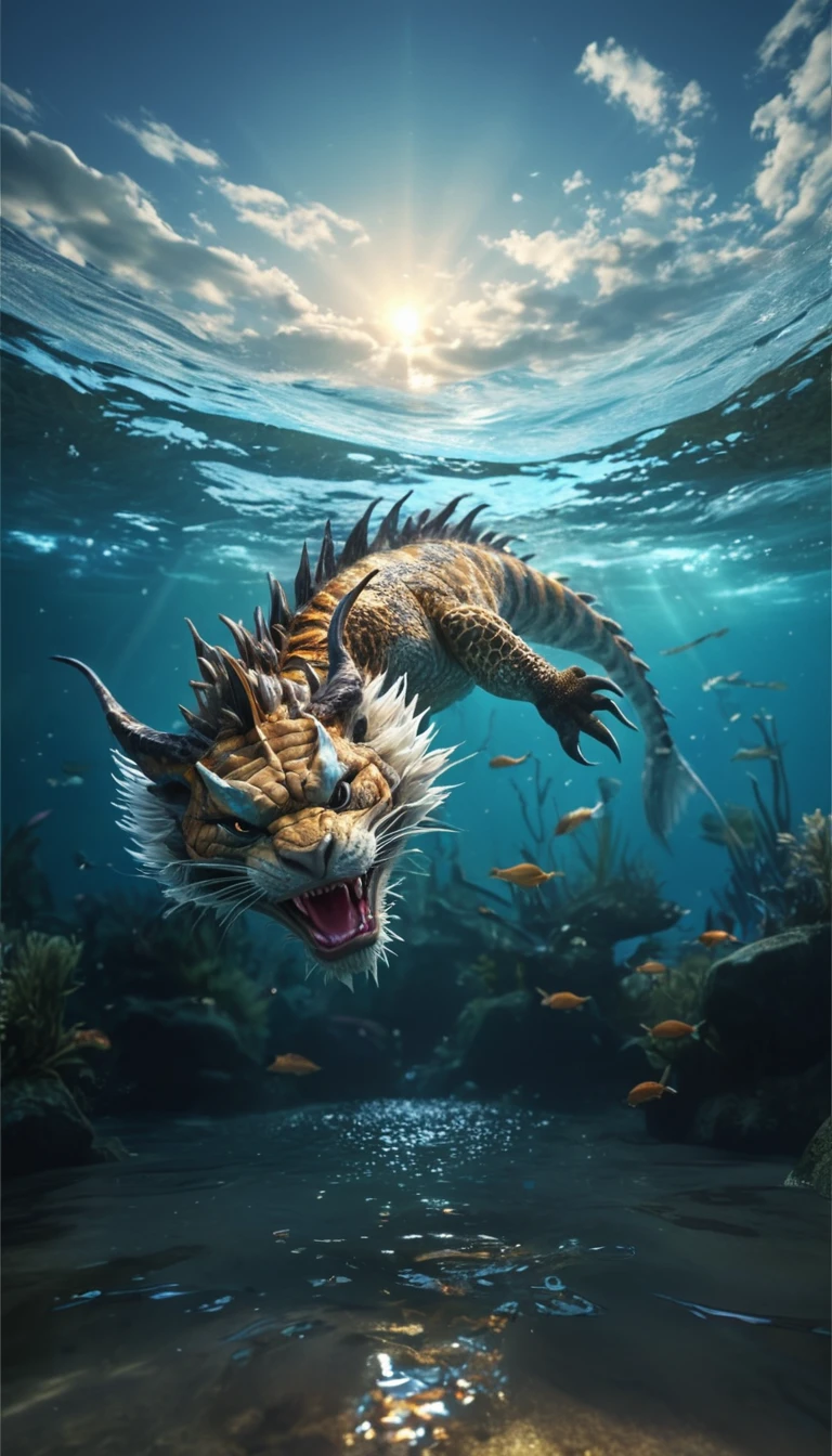 A mythical creature from the water(best quality,4K,8k,High level,masterpiece:1.2),Ultra Detailed,(lifelike,Photo real,Photo real:1.37),Highly detailed animals,Complex patterns,Realistic lighting,Fantasy Creatures