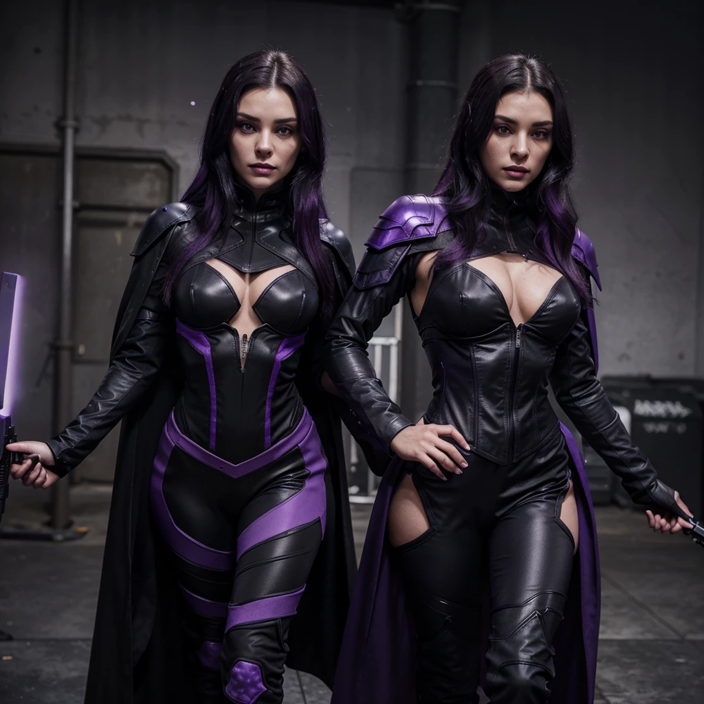 Female villain character in shooter style.
Appearance: Narrow, predatory features, fair skin with cool undertones, violet eyes, dark lips, long black or dark purple hair.
Clothing: Tight-fitting suit made of high-tech material, dark purple with neon accents, armored elements, long cloak with purple lining.
Weapons: High-tech firearms and energy daggers.