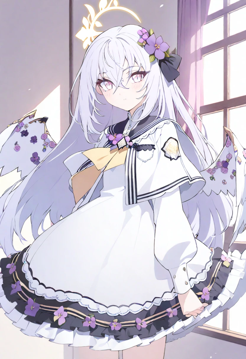 azusa \(blue archive\), 1girl blush closed_mouth curtains day dress flower grey_hair hair_between_eyes hair_flower hair_ornament halo indoors long_hair looking_at_viewer pink_eyes purple_flower solo white_dress window yellow_halo