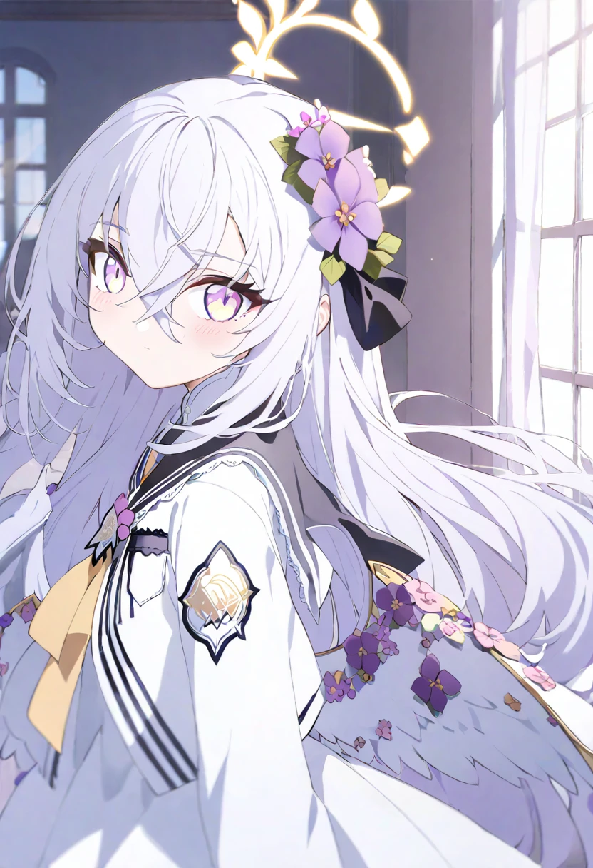 azusa \(blue archive\), 1girl blush closed_mouth curtains day dress flower grey_hair hair_between_eyes hair_flower hair_ornament halo indoors long_hair looking_at_viewer pink_eyes purple_flower solo white_dress window yellow_halo