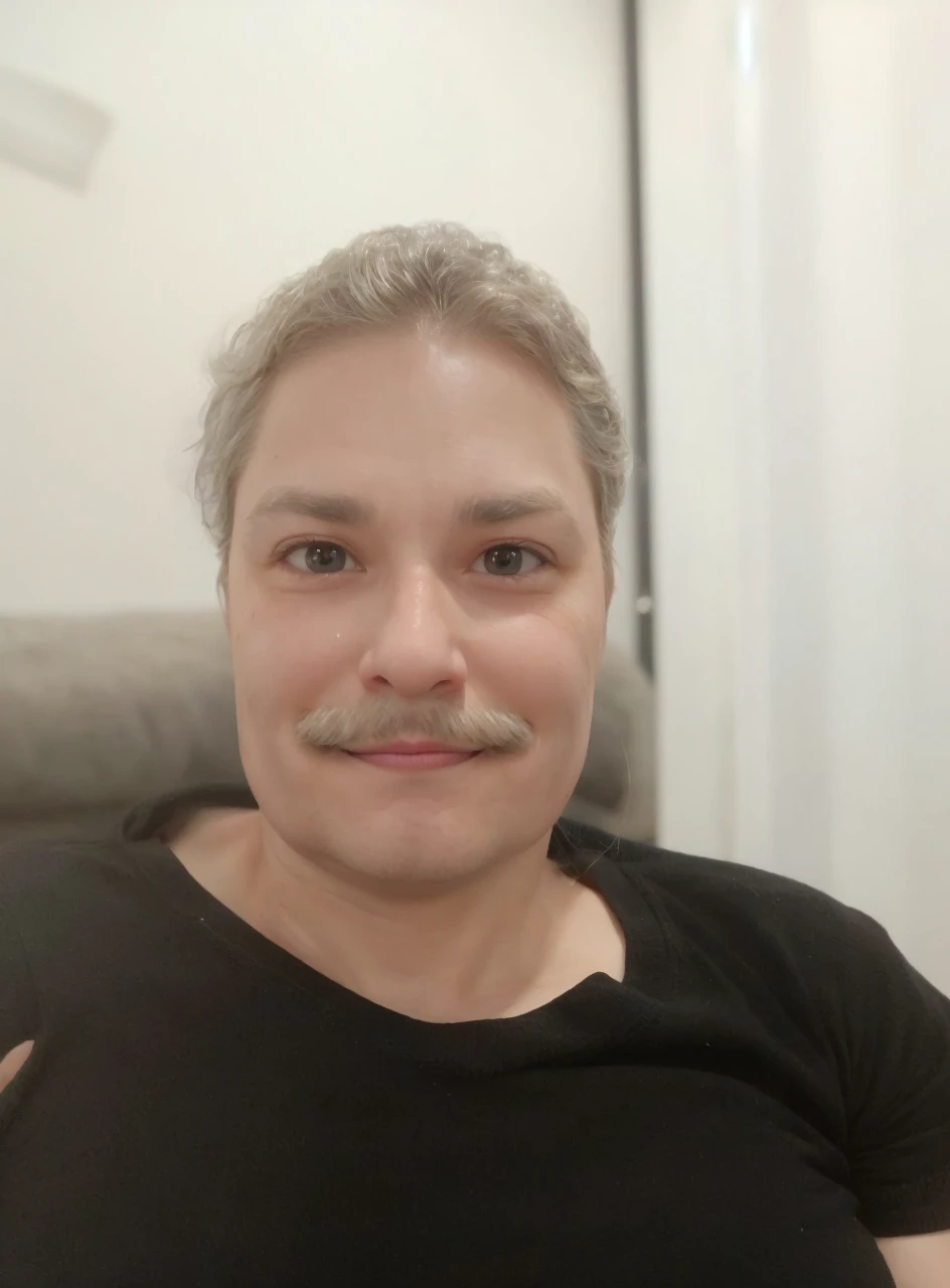 Pixar character with happy face. Remove hair from your chin and mustache, leaving your eyebrows naturally light.