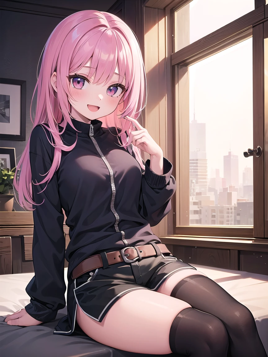 ((masterpiece, best quality)),high resolution,ultra detailed,8k,16k,detailed background, perfect lighting, 1girl,solo,look at viewer,:d,pink hair,sitting,clossed jegs
