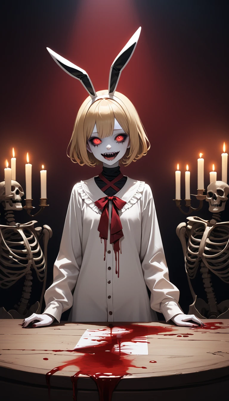 masterpiece, Highest quality, High resolution,(Highest quality,4K,High resolution,masterpiece:1.2),Very detailed,Realistic:1.37,masterpiece, Highest quality, Exquisitely crafted, woman, beautiful, elegant, smile, Blood, iridescent Long Hair, bangs, skirt, shirt, Long sleeve, Frills, shoes, (Red and Black:1.4), flower, spooky, Horror, 頭蓋Bones, Long Hair, Black Hair, Candles, Blood, hair flower, Dead, hair ornaments, Bone, doll, 頭蓋Bone, skeleton, Horror (theme),spooky altar background,Dark fantasy,Red color scheme,Ominous atmosphere,eyeを引く,Storytelling,anatomy,Anime Style,Concept Art,beautiful細部までこだわった顔と (((赤いeye ))),A terrifying ritual ,Satanic Ritual,Premature death,Misconduct,クレイジーなsmile,Scythe Face,Girl Monster, beautiful, Delicate facial features, 鋭いeye, Sharp Fangs, 青White skin, blonde,robot,Cursed Painting, Dark Background, Cinema Lighting, Dramatic Shadows, Gothic style, Gloomy atmosphere, Dark fantasy, One Girl, , Please open your mouth wide, Open your mouth and baring your teeth,Sharp teeth like a beast, Wide lips, very wide mouth, Vermilion cheeks, ,(Bloodしぶき:1.4),Scary smile, smile,Fallen angel design, ねじれたsmile、Bloodまみれの、頭からの出Blood,、Bloodしぶき、,(Bloodしぶき:1.4),Crossbones, 頭蓋Bone,Horror 一人の男の子, Cream colored hair, Gray Hair, Pearly hair, nice boy, Bunny ears, Loose-fitting clothing, Larger clothes, dark red eye, eyeの下のたるみ, dark circles under eye, やみcute, Fluffy hair, Voluminous Hair, skinny, slim, very skinny, Androgynous, cute, spooky, short hair, Horror, Faded colors, White skin, spooky, Unnaturally thin, I&#39;m hungry, eye, eye in background, sharp eye, Long eyelashes, Under the eyelashes, Loose shorts, レースshirt, Frillsshirt, Tie the ribbon&#39;head, Detailed clothing, A loose cardigan, Open cardigan, 滴るBlood, that&#39;terrible, nightmare, Haunted, stitch, patchwork, string, Injury, hell, Injury on arms, self-harm, cut, Black Fingers, factory, Abandoned, A dismembered ghost,Many heads,Many heads,Lots of faces,Multiple faces,Multiple Girls,Frolicking Girl,複数のwoman,tea ,クレイジーなsmile,look up,Face shot,Scythe Face,Girl Monster, slave,beautiful, Detailed portrait, Delicate facial features, 鋭いeye, Sharp Fangs, 青White skin, Thick chain, Dark Background, Cinema Lighting, Dramatic Shadows, Gothic style, Gloomy atmosphere, Dark fantasy, One Girl, , Please open your mouth wide, Open your mouth and baring your teeth,Sharp teeth like a beast, Wide lips, very wide mouth, Vermilion cheeks, ,(Bloodしぶき:1.6),Scary face, Laughter　Witch design, ねじれたsmile、Bloodまみれの、頭からの出Blood,,、Bloodしぶき、,(Bloodしぶき:1.6),Crossbones, 頭蓋Bone,　, Horrorスタイル, ((Fantasy Witch Costume)), ((Flowing white hair)), ,(Bloodしぶき:1.6),womanの曲線, Large Breasts, Thick thighs, Sexy flat stomach, Perfect hands, Perfect anime face, ((dark lolita dress)), Are standing, ((邪悪なsmile)), ,(Bloodしぶき:1.6),Victorian cities, gaslight, Steam circulates, Moonlight Illumination, night lighting, A sky filled with stars and galaxies,disaster々new devil horns,,(Bloodしぶき:1.6),アニメゾンビWitch design, ねじれたsmile、Bloodまみれの、頭からの出Blood,,、Bloodしぶき、,(Bloodしぶき:1.6),Crossbones, 頭蓋Bone,,Photo Background,Wide Shot,Scythe Face,Girl Monster, slave,beautiful, Detailed portrait, Delicate facial features, 鋭いeye, Sharp Fangs, 青White skin, Thick chain, Dark Background, Cinema Lighting, Dramatic Shadows, Gothic style, Gloomy atmosphere, Dark fantasy, One Girl, , Please open your mouth wide, Open your mouth and baring your teeth,Sharp teeth like a beast, Wide lips, very wide mouth, Vermilion cheeks, ,(Bloodしぶき:1.6),Scary face, Laughter　Witch design, ねじれたsmile、Bloodまみれの、頭からの出Blood,,、Bloodしぶき、,(Bloodしぶき:1.6),Crossbones, 頭蓋Bone,　, Horrorスタイル,