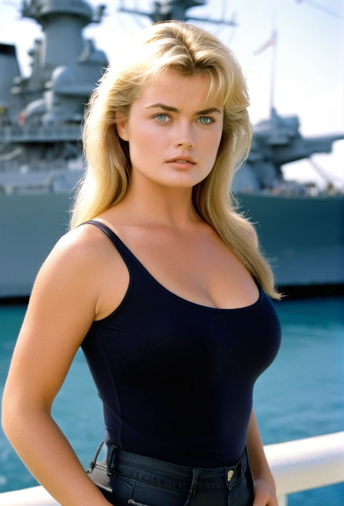 close-up of beautiful American-Canadian, Erika Eleniak is a American-Canadian actress and model, Jordan Tate is a female character Under Siege 1992 American action movie, age 22 years old girl, youthful face, v-line face, white skin body, perfect body, very classic long hair, standard blonde hair, her hair is very straight with fine, bust size 36 inches, wearing a tight plain standard dark black short-sleeved tank top, wearing a tight plain standard dark black leggings, Tate holding breasts with her own two hands is very sexy and sigh, Tate squeezes the breasts very seductively, Tate lowered her tank top a little bit, sexy looking pose, pose a naughty look, at a Navy troop ship USS Missouri, Navy troop ship USS Missouri background, UHD