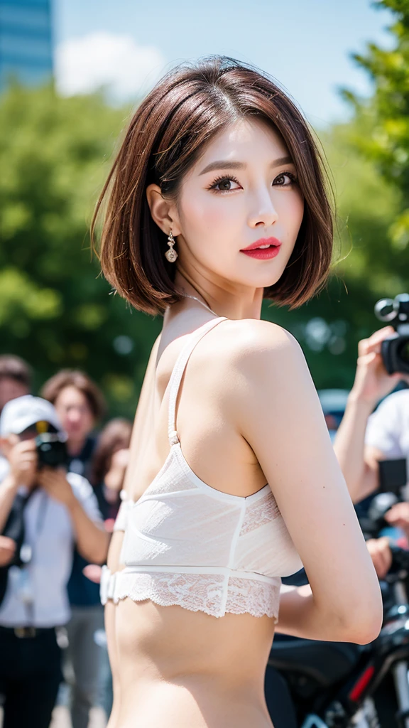masutepiece, Best Quality, Illustration, Ultra-detailed, finely detail, hight resolution, 8K Wallpapers, A popular movie star actress of the Innocent School、Posing on the red carpet、realistic skin textures、shinny skin、Exposed thighs!!!