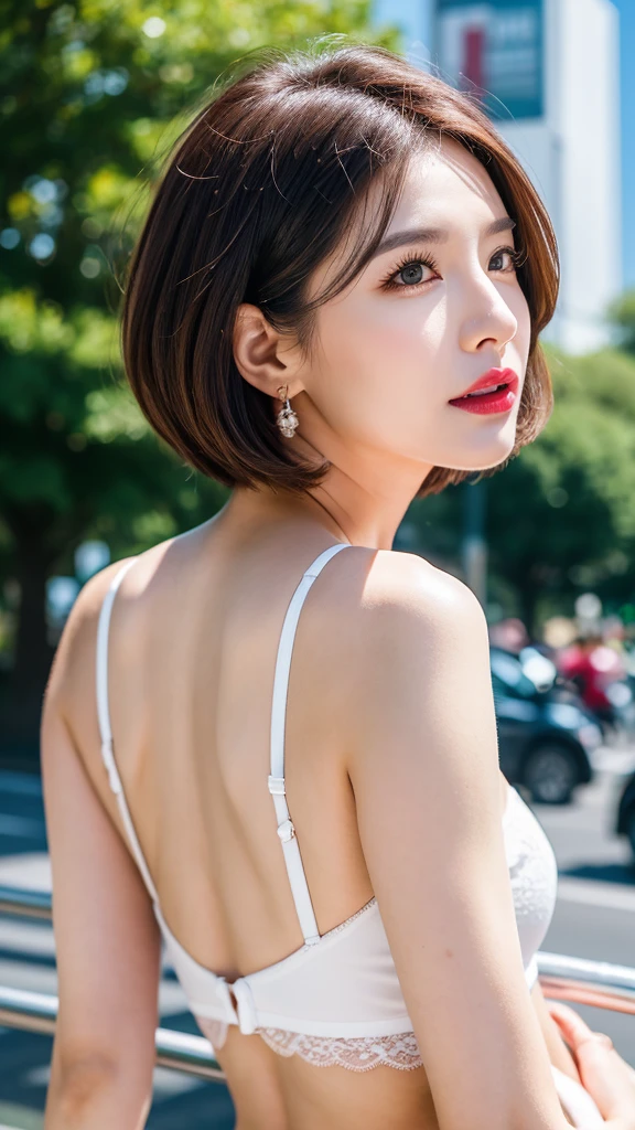 Highest quality, Face Focus, Soft Light, Ultra-high resolution, (Realistic:1.4), Mom Korean. 37 years old)). Slim Abs:1.2.. Makeup face. Red lipstick. (((Short brown hair))). ((I rode it a lot)). Show me your ears. In front of the camera. Ear texture. Ear hole details. Realistic. Close-up shot of an ear. From the thigh up. Shot from behind.Show me your ears. In front of the camera. Ear texture. Ear hole details. Realistic. Close-up shot of an ear. At close range. Shot from behind. (Shooting in the city),(White lace underwear),(Upper Body)、