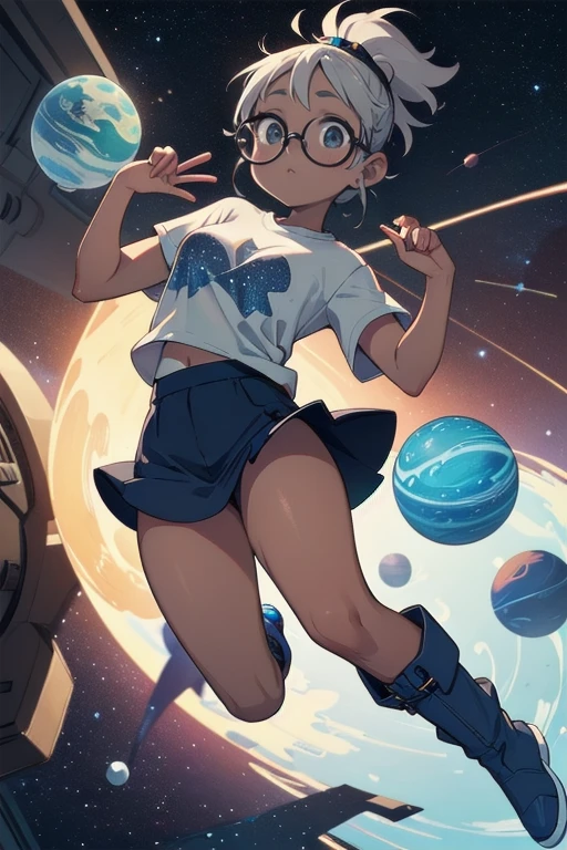 One girl, dark skin, Small breasts, wears thick-framed glasses that accentuate his facial features, Short Hair, Ponytail and gray, Silver Shirt, She is wearing another tight shirt underneath her shirt, Vibrant color details reminiscent of stars and planets in space, Blue skirt and high-top boots with non-slip soles,