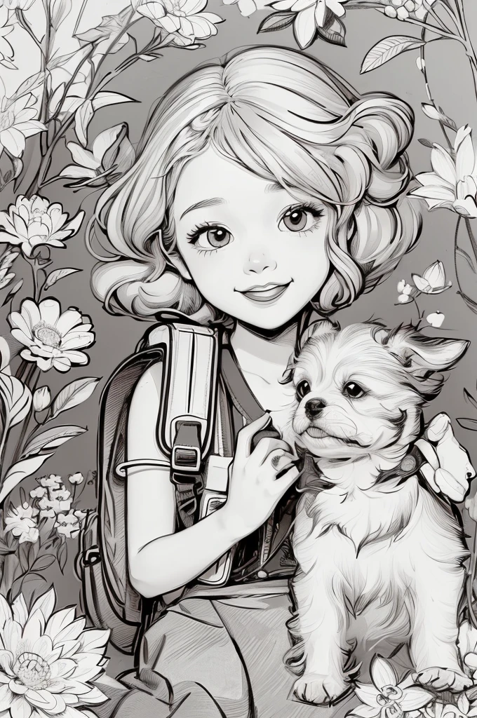 A very adorable  with a backpack and her cute puppy enjoying a beautiful spring walk surrounded by flowers and nature. The illustration is a illustration with detailed facial features and cartoon-style visuals, (high contrast, sketch, monochrome, clean line drawings for coloring book:1.5)