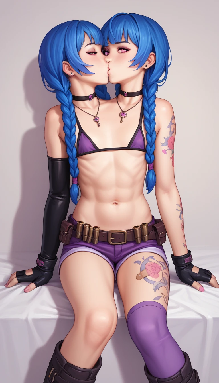 JinxLoLXL, pale skin, pink eyes, blue hair, bangs, long hair, braid, twin braids, tattoo, small breasts, necklace, bikini top only, (two-tone bikini top), navel, gloves, single elbow glove, fingerless gloves, bullet belt, purple short shorts, single purple thighhigh, bandaid on leg, boots, solo, sitting, looking at viewer, kissing, conjoined, two heads