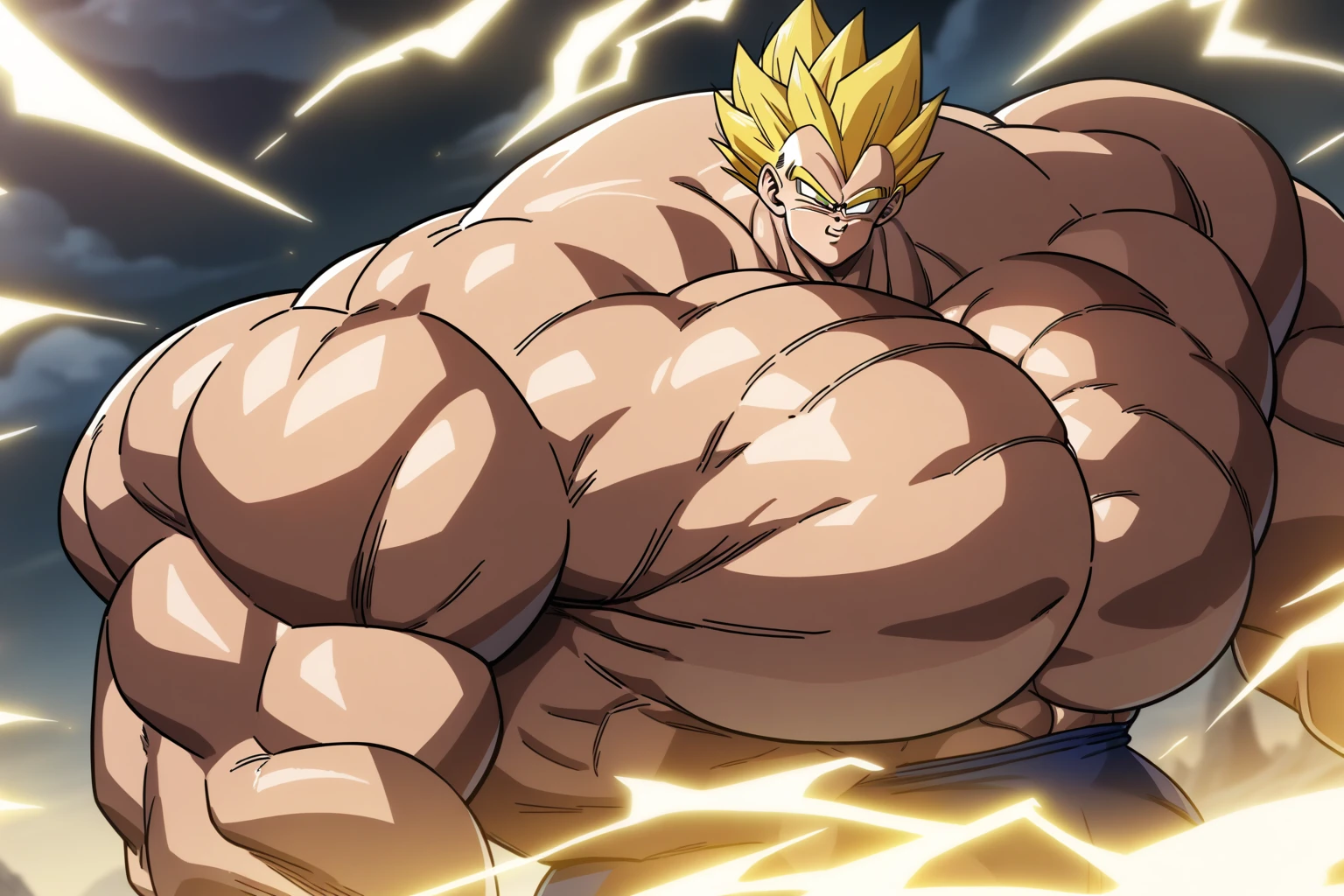 1boy, Vegeta, from Dragon Ball Z, masterpiece, best quality, very aesthetic, absurdres, saiyan, green eyes, spiked hair, (yellow hair:1.5), shirtless, blue skintight pants, white gloves, (huge muscles:3.5), dragonballartstyle, in the style of Akira Toriyama, white tiled floor, outdoors, flat-top mountains, nipples, yellow aura, electricity, (visible abdominals:2)