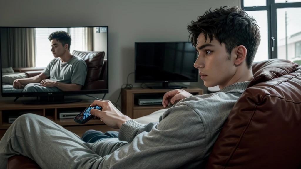 The photo shows a young man in profile on the left side, sitting on the couch and using a remote control, a television on the right showing a cartoon, the young man is watching television with a sad and bored look