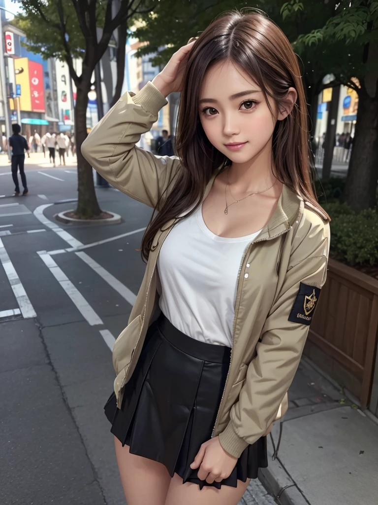 (8k, RAW Photos, Highest quality, masterpiece:1.2), (Realistic, photo-Realistic:1.4), (Highly detailed 8K wallpapers), ((Full Body Shot)), (1 girl), Sharp focus, Depth of written boundary, Cinematic lighting, Soft Light, 緻密な美しさのeye, eye_Chan, Very beautiful 17 year old girl, innocent big eyes, Realistic, photo Realistic, Highly detailed cute girl, (Thin thighs), (Model body type), 18-year-old, ((Khaki flight jacket)), (T-Shirts), (Black color micro mini tight skirt), (((Fold your arms in front of your chest and act arrogantly))), ((A happy smile)), Parted lips, Watching the audience, (On the streets of Tokyo) , (Brown Hair),(Long Bob Hair)