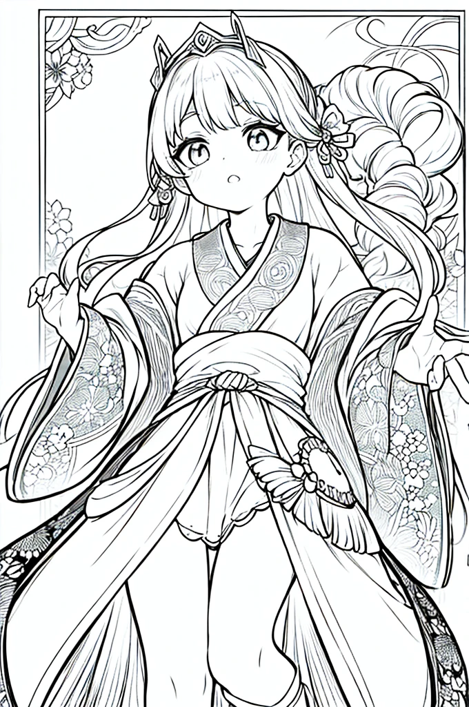 As a coloring book, the color should be black and white, the border should be simple, clear, and bold. A graceful Asian girl with elegant movements is performing a traditional Japanese dance in a grand [Kabuki theater]. She is wearing an exquisite [kimono with crane pattern], the flowing silk fabric accentuating her graceful movements. The girl's face is painted with delicate makeup, and her hair is adorned with an elaborate [hair ornament]. The intricate details of the kimono and the theater setting provide a rich visual tapestry for the coloring book illustration.