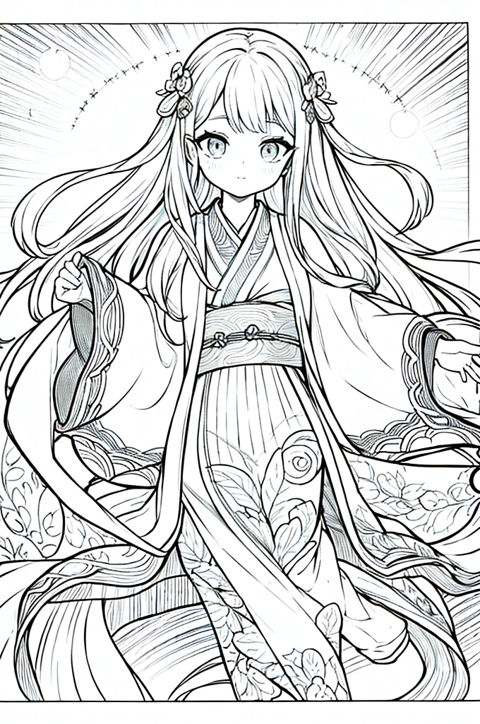 As a coloring book, the color should be black and white, the border should be simple, clear, and bold. A graceful Asian girl with elegant movements is performing a traditional Japanese dance in a grand [Kabuki theater]. She is wearing an exquisite [kimono with crane pattern], the flowing silk fabric accentuating her graceful movements. The girl's face is painted with delicate makeup, and her hair is adorned with an elaborate [hair ornament]. The intricate details of the kimono and the theater setting provide a rich visual tapestry for the coloring book illustration.