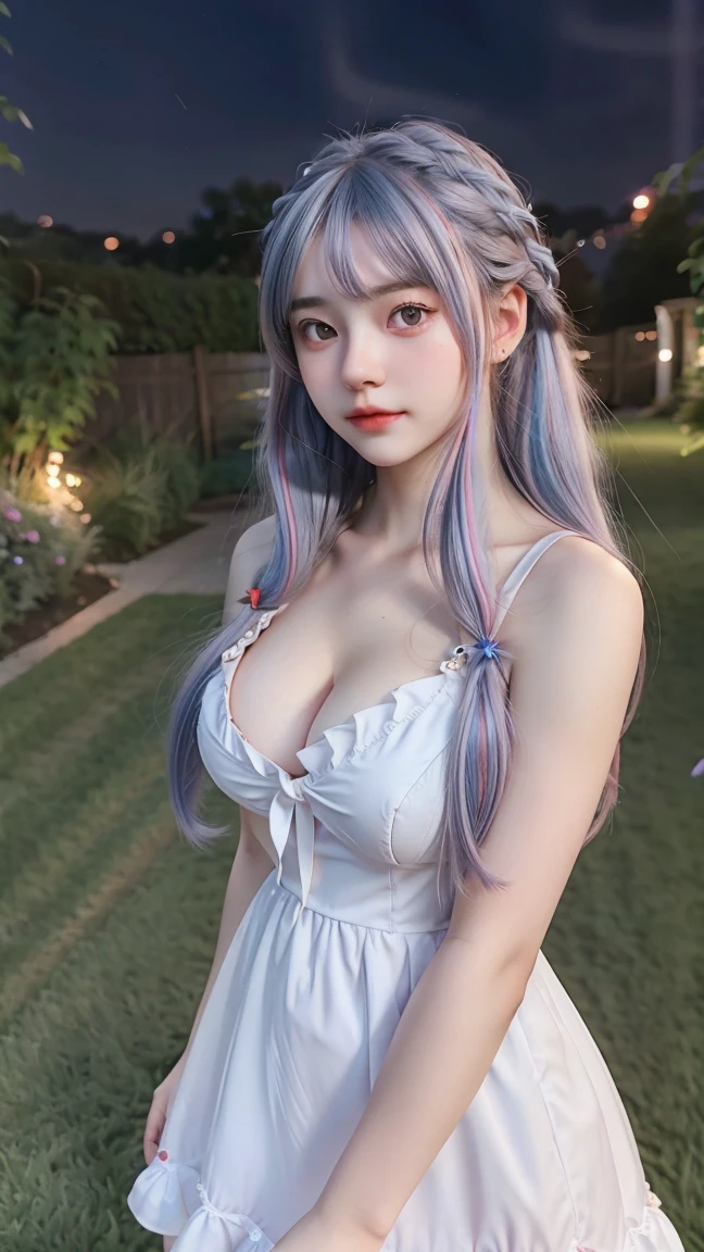 1 Girl, Beautiful, Baby Face, 20 Years Old, White Skin, Pose, Ultra Large Breast, Cleavage, Perfect Lolita Dress, Grey Eye, Muscles:1.3, Outdoor, Bokeh:1.1, Drill Hair, Tied Hair, ((Coloured Hair)), ((Night:1.3)), Firework, (Cute Dog), (garden)