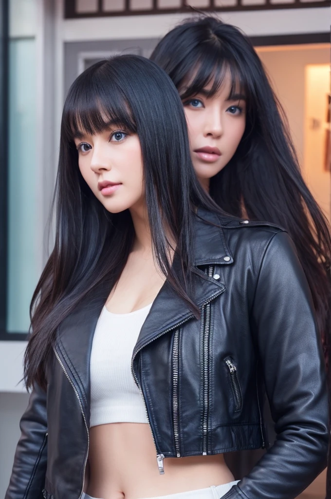 30-year-old woman,Long face,Black Hair,Asian,Long Hair,Long Bangs,Blue Eyes,Dark Skin,leather jacket