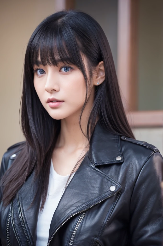 30-year-old woman,Long face,Black Hair,Asian,Long Hair,Long Bangs,Blue Eyes,Dark Skin,leather jacket