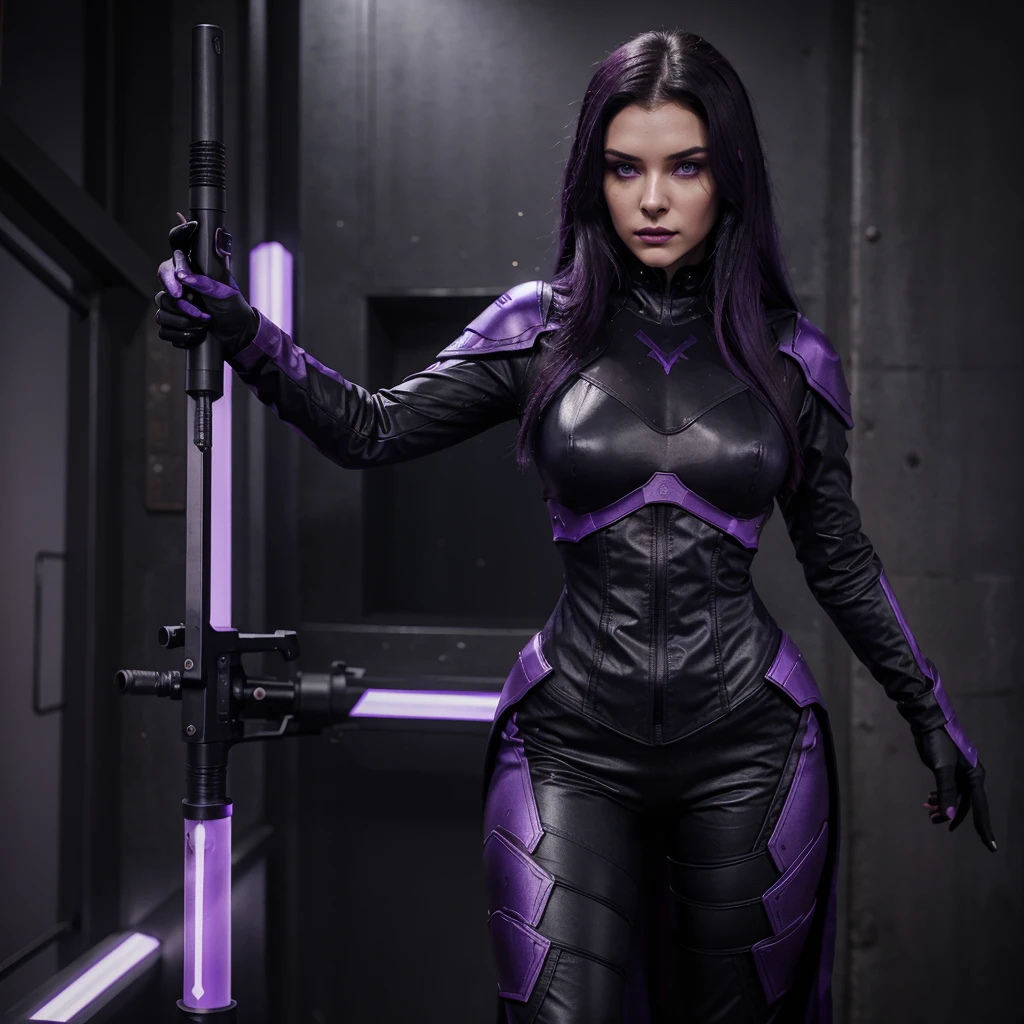 Female villain character in shooter style. Appearance: Narrow, predatory features, fair skin with cool undertones, violet eyes, dark lips, long black or dark purple hair. Clothing: Tight-fitting suit made of high-tech material, dark purple with neon accents, armored elements, long cloak with purple lining. Weapons: High-tech firearms and energy daggers.