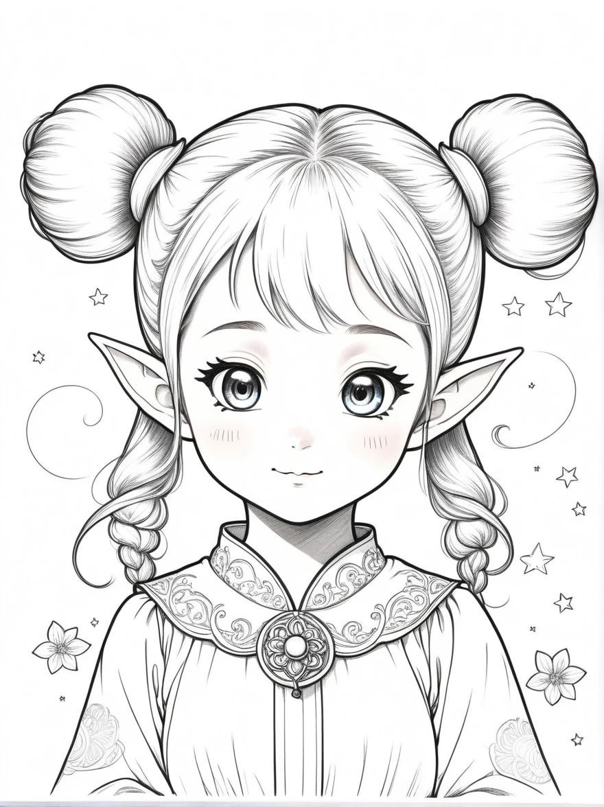 Works by Akira Toriyama,((Anime line drawing:1.8)),((Black Lines)),dream,sketch,Ethereal,dream,((Beautiful 5 years old elf girl)),(((5 years old))),((独奏)),cute,kawaii,wonderland,(Little),((Bun hair bun)),composition