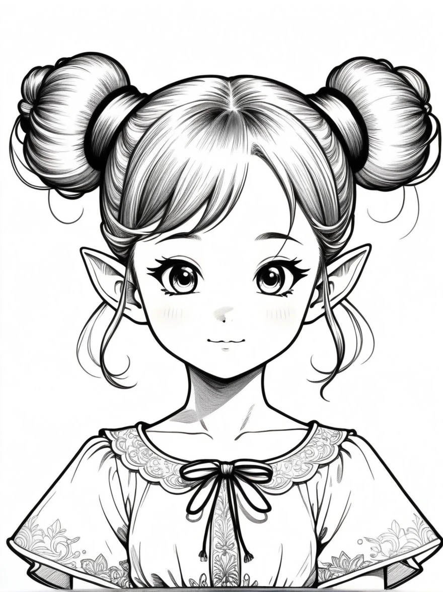 Works by Akira Toriyama,((Anime line drawing:1.8)),((Black Lines)),dream,sketch,Ethereal,dream,((Beautiful elf girl)),(((5 years oldcute,kawaii,wonderland,(Little),((Bun hair bun)),composition