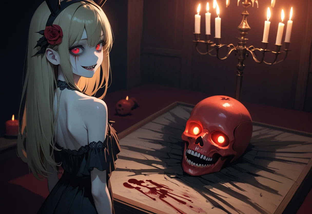 masterpiece, Highest quality, High resolution,(Highest quality,4K,High resolution,masterpiece:1.2),Very detailed,Realistic:1.37,masterpiece, Highest quality, Exquisitely crafted, woman, beautiful, elegant, smile, Blood, iridescent Long Hair, bangs, skirt, shirt, Long sleeve, Frills, shoes, (Red and Black:1.4), flower, spooky, Horror, 頭蓋Bones, Long Hair, Black Hair, Candles, Blood, hair flower, Dead, hair ornaments, Bone, doll, 頭蓋Bone, skeleton, Horror (theme),spooky altar background,Dark fantasy,Red color scheme,Ominous atmosphere,eyeを引く,Storytelling,anatomy,Anime Style,Concept Art,beautiful細部までこだわった顔と (((赤いeye ))),A terrifying ritual ,Satanic Ritual,Premature death,Misconduct,クレイジーなsmile,Scythe Face,Girl Monster, beautiful, Delicate facial features, 鋭いeye, Sharp Fangs, 青White skin, blonde,robot,Cursed Painting, Dark Background, Cinema Lighting, Dramatic Shadows, Gothic style, Gloomy atmosphere, Dark fantasy, One Girl, , Please open your mouth wide, Open your mouth and baring your teeth,Sharp teeth like a beast, Wide lips, very wide mouth, Vermilion cheeks, ,(Bloodしぶき:1.4),Scary smile, smile,Fallen angel design, ねじれたsmile、Bloodまみれの、頭からの出Blood,、Bloodしぶき、,(Bloodしぶき:1.4),Crossbones, 頭蓋Bone,Horror 一人の男の子, Cream colored hair, Gray Hair, Pearly hair, nice boy, Bunny ears, Loose-fitting clothing, Larger clothes, dark red eye, eyeの下のたるみ, dark circles under eye, やみcute, Fluffy hair, Voluminous Hair, skinny, slim, very skinny, Androgynous, cute, spooky, short hair, Horror, Faded colors, White skin, spooky, Unnaturally thin, I'm hungry, eye, eye in background, sharp eye, Long eyelashes, Under the eyelashes, Loose shorts, レースshirt, Frillsshirt, Tie the ribbon'head, Detailed clothing, A loose cardigan, Open cardigan, 滴るBlood, that'terrible, nightmare, Haunted, stitch, patchwork, string, Injury, hell, Injury on arms, self-harm, cut, Black Fingers, factory, Abandoned, A dismembered ghost,Many heads,Many heads,Lots of faces,Multiple faces,Multiple Girls,Frolicking Girl,複数のwoman,tea ,クレイジーなsmile,look up,Face shot,Scythe Face,Girl Monster, slave,beautiful, Detailed portrait, Delicate facial features, 鋭いeye, Sharp Fangs, 青White skin, Thick chain, Dark Background, Cinema Lighting, Dramatic Shadows, Gothic style, Gloomy atmosphere, Dark fantasy, One Girl, , Please open your mouth wide, Open your mouth and baring your teeth,Sharp teeth like a beast, Wide lips, very wide mouth, Vermilion cheeks, ,(Bloodしぶき:1.6),Scary face, Laughter Witch design, ねじれたsmile、Bloodまみれの、頭からの出Blood,,、Bloodしぶき、,(Bloodしぶき:1.6),Crossbones, 頭蓋Bone, , Horrorスタイル, ((Fantasy Witch Costume)), ((Flowing white hair)), ,(Bloodしぶき:1.6),womanの曲線, Large Breasts, Thick thighs, Sexy flat stomach, Perfect hands, Perfect anime face, ((dark ta dress)), Are standing, ((邪悪なsmile)), ,(Bloodしぶき:1.6),Victorian cities, gaslight, Steam circulates, Moonlight Illumination, night lighting, A sky filled with stars and galaxies,disaster々new devil horns,,(Bloodしぶき:1.6),アニメゾンビWitch design, ねじれたsmile、Bloodまみれの、頭からの出Blood,,、Bloodしぶき、,(Bloodしぶき:1.6),Crossbones, 頭蓋Bone,,Photo Background,Wide Shot,Scythe Face,Girl Monster, slave,beautiful, Detailed portrait, Delicate facial features, 鋭いeye, Sharp Fangs, 青White skin, Thick chain, Dark Background, Cinema Lighting, Dramatic Shadows, Gothic style, Gloomy atmosphere, Dark fantasy, One Girl, , Please open your mouth wide, Open your mouth and baring your teeth,Sharp teeth like a beast, Wide lips, very wide mouth, Vermilion cheeks, ,(Bloodしぶき:1.6),Scary face, Laughter Witch design, ねじれたsmile、Bloodまみれの、頭からの出Blood,,、Bloodしぶき、,(Bloodしぶき:1.6),Crossbones, 頭蓋Bone, , Horrorスタイル,