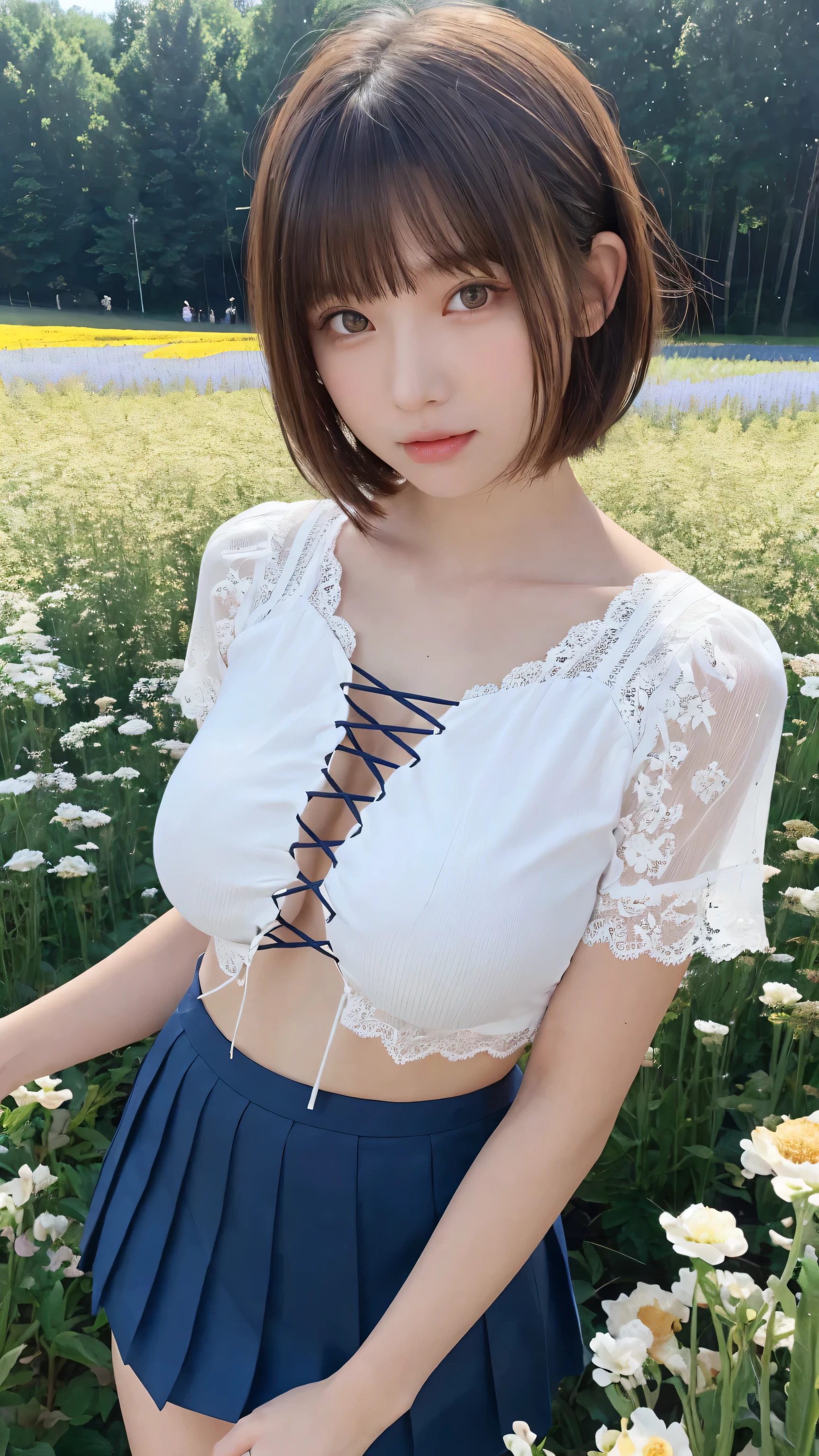 (( table top, Best Quality,  high resolution on down,  perfect pixel, 4K,)),  1 girl, single, Alone, Beautiful woman、 I was able to see my whole body 、 (( short wavy hair in front of it, bangs, Brown Hair)), (( Brown Eyes ,  beautiful eyelashes , Realistic eyes)), ((  DETAILS FACE  , :1.2)), (( smooth texture:0.75, Realistic texture:0.65, Realistic:1.1,  anime CG style)),  medium chest,  Dynamic Angle,  perfect body , (( white tennis wear、  white short sleeve shirt with collar 、Light blue frill skirt、  white tennis shoes  、 wind flips through my skirt 、Floral lace panties、、Squat with your knees apart))、  tennis court 、、  Gorgeous Church Basilica with a Very Embarrassing Panic Smile 、、、、The bra is see-through、One side&#39;One on the chest&#39;Hand、