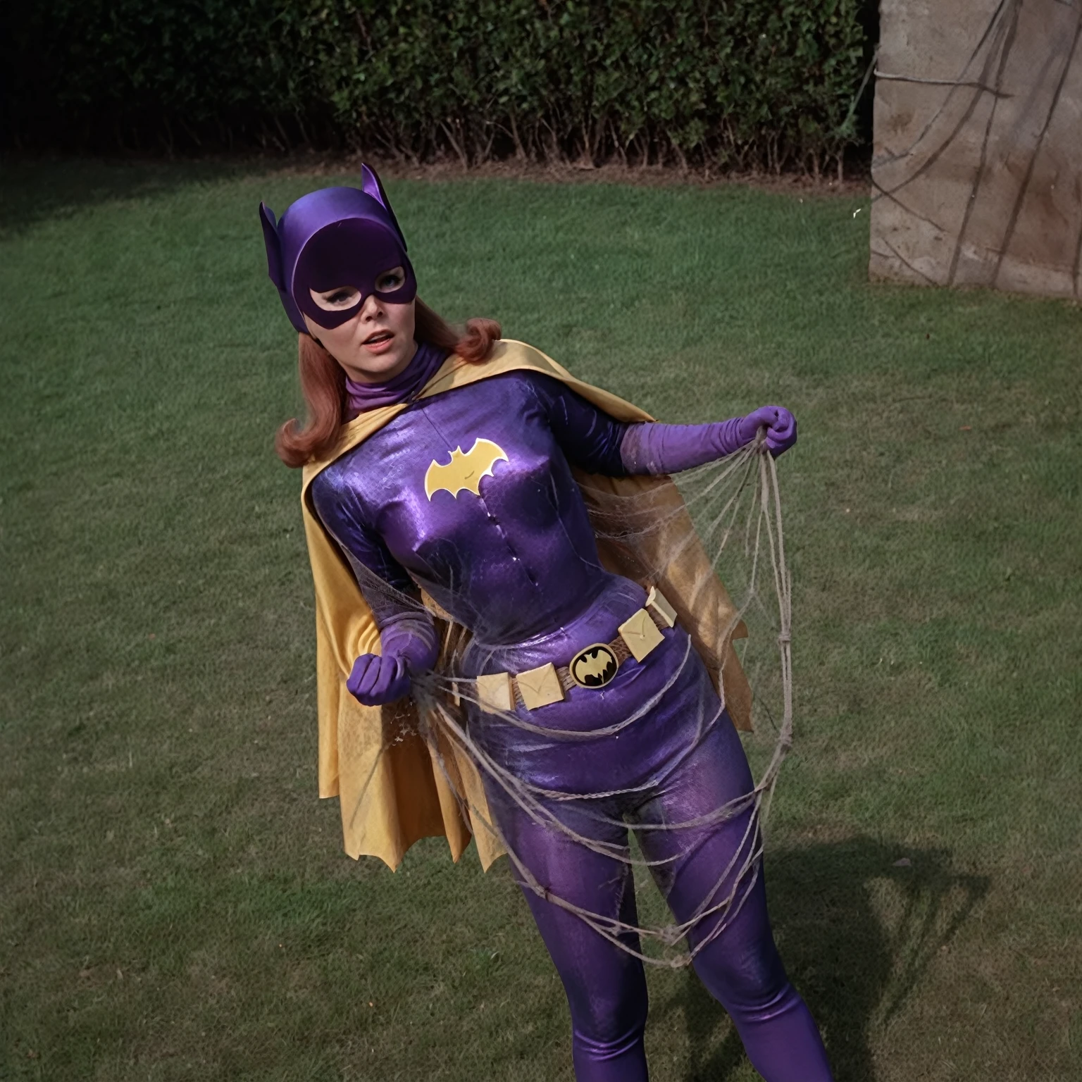 yvonne craig woman, standing facing camera, shrugged shoulders, her body is tied by a net which squeeze her body, she squeezed, she is in pain , 60's style, analog film, on grass, film grain