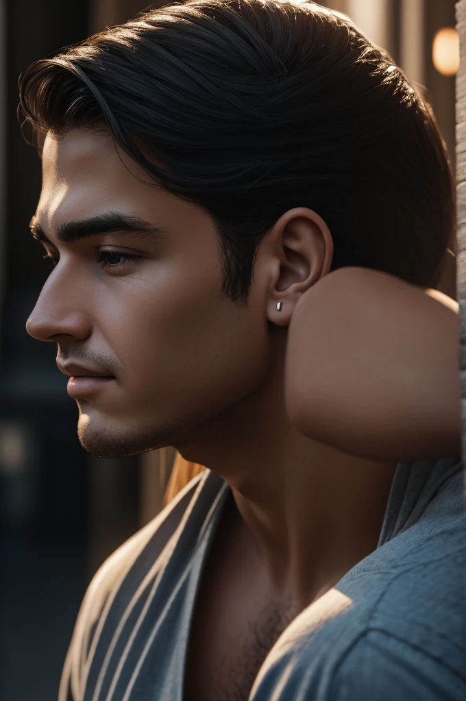 woman telling secrets into a man's ear. Their faces are illuminated by soft, intimate lighting, revealing an expression of satisfaction and happiness. 4K resolution captures every detail, play of shadows and light on your skin, portrait.