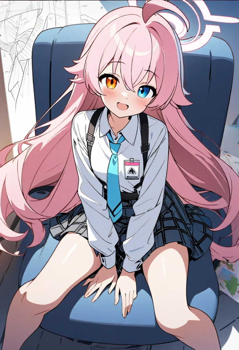 1girl, hoshino (blue archive), solo, heterochromia, pink hair, skirt, long hair, necktie, ahoge, shirt, halo, plaid skirt, blue eyes, plaid, looking at viewer, white shirt, sitting, orange eyes, chest harness, harness, long sleeves, id card, open mouth, very long hair, collared shirt, smile, blue necktie, bangs, feet out of frame, between legs, hand between legs, blush, hair between eyes, highres,masterpiece, best quality, White background, (line art, clean line art, scenario art: 1.6), (coloring book: 1), full white, using only scenarios. , cartoon style, one girl maid, solo, one girl maid, solo