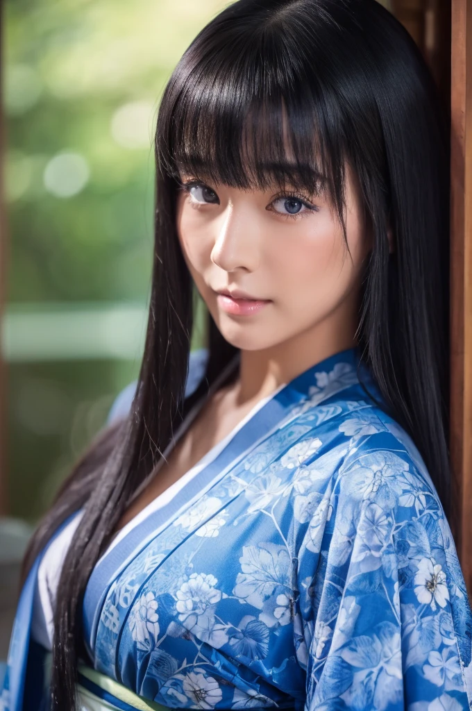 30-year-old woman,Long face,Black Hair,Asian,Long Hair,Long Bangs,Blue Eyes,Dark Skin,kimono,Tattoo