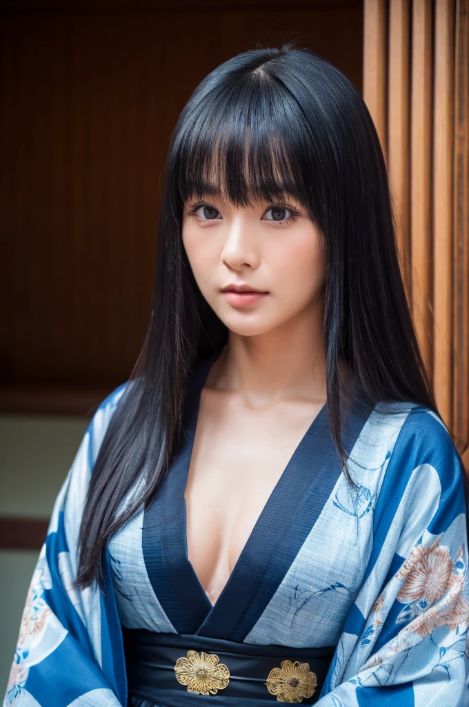 30-year-old woman,Long face,Black Hair,Asian,Long Hair,Long Bangs,Blue Eyes,Dark Skin,kimono,Tattoo