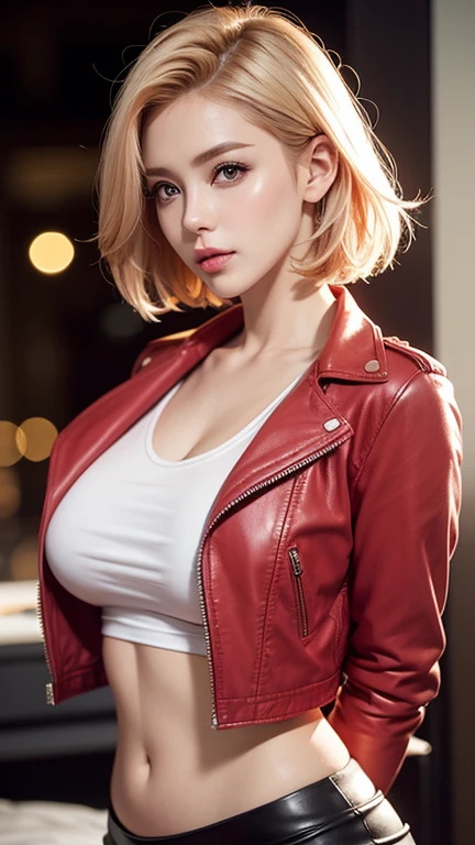 1girl in red deep neck sleeve short t-shirt, over size leather jacket, leather short pants ,short pink-blond hair ,light bokeh effect, cute elegant pose, attractive pose, gorgeous face and figure, light soft, medium long shot ,elegant pose ,beautiful belly breast, large breasts, chest press together