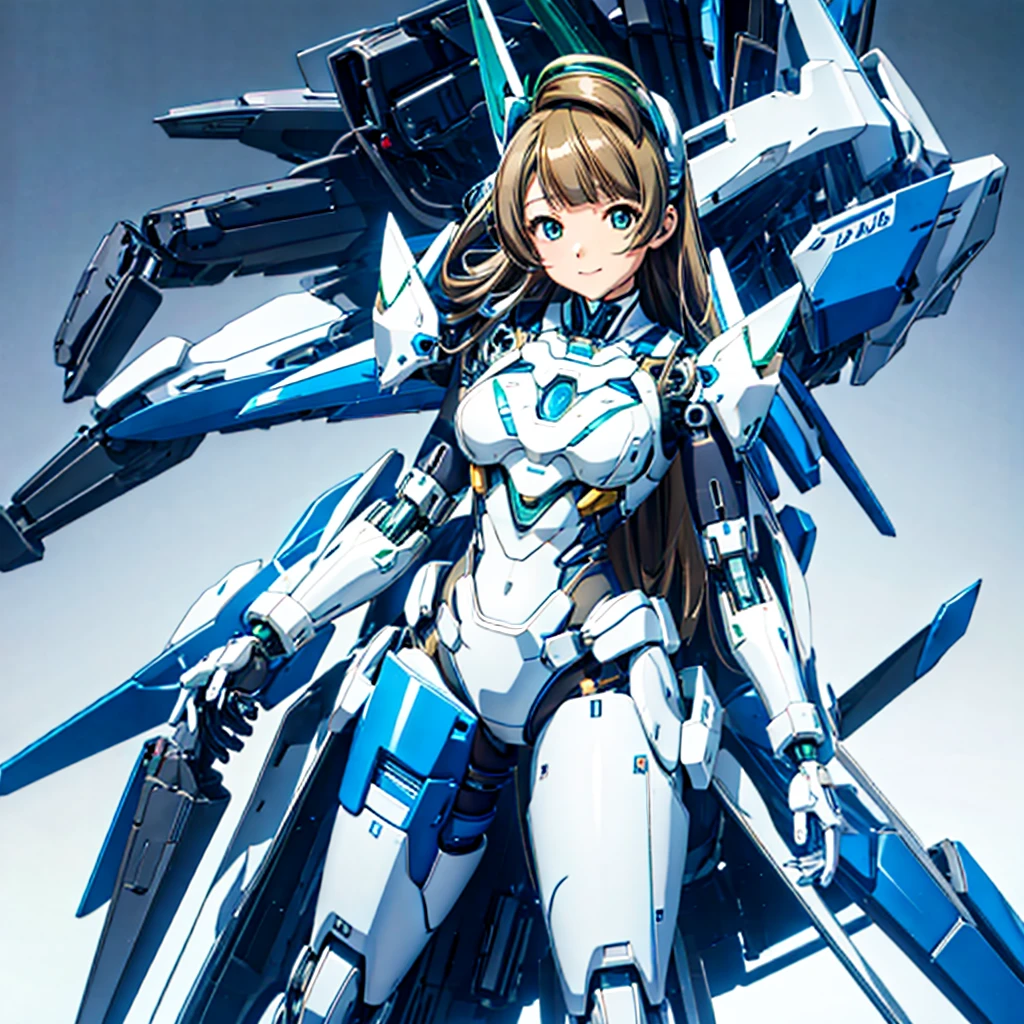 masterpiece, high quality, During the surgery to convert the machine、Minami Kotori, who has been turned into a mechanical body cyborg、Surgery to convert to a gynoid cyborg body with exposed mechanical parts、Blue and white leotard-type mechanical armor、The whole body from the neck down is precision-machined.、Single image、Full-body shot from the front