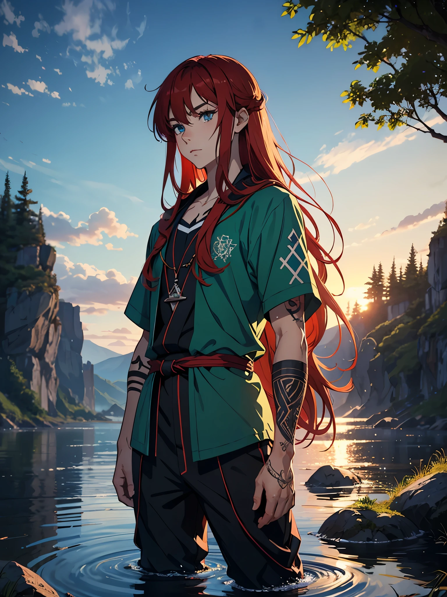 Runen magier. Runes. Runenschrift. Runen Tattoo. More anime style. blue flames. 2d. flatter. anime style. Green clothing. Viking clothing. soft. More anime. Standing in a lake. More anime. More 2d. Clean. More anime. 2d. Glow. Red hair. More anime. male. Long hair. long red hair. boy, vikings. red hair. Blue eyes. fire.