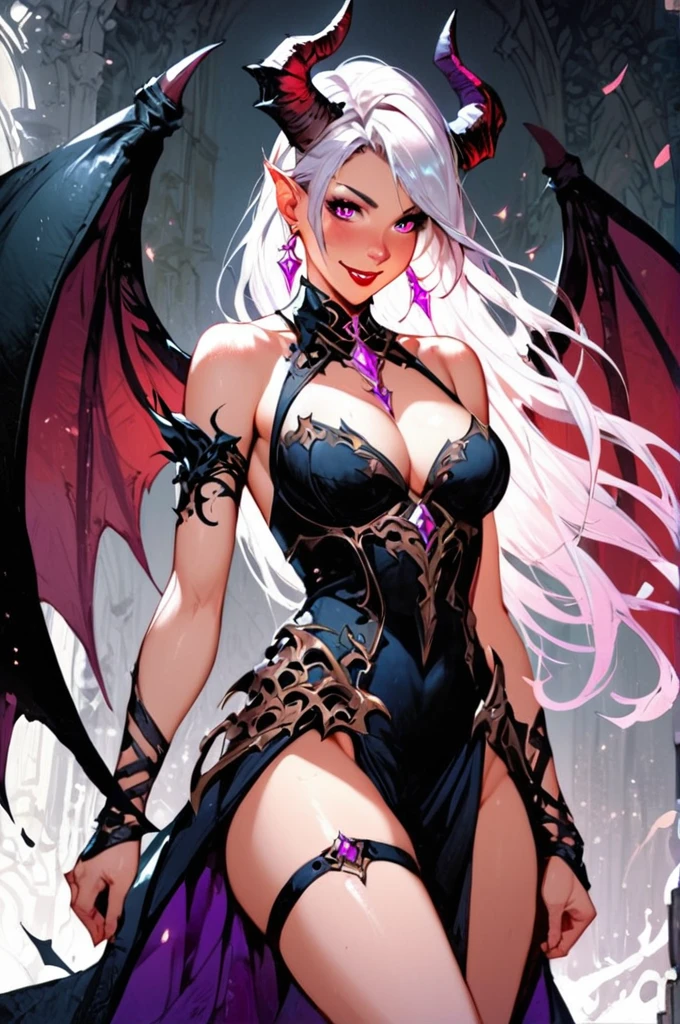 score_9, score_8_up, score_7_up, score_6_up, score_5_up, score_4_up,1girl, demon, dark dress, thigh strap, red lips, blush, smile, white long hair, purple eyes,fantasy,solo focus,epic,little black horns, black wings, bat wings, purple eyes, human ears