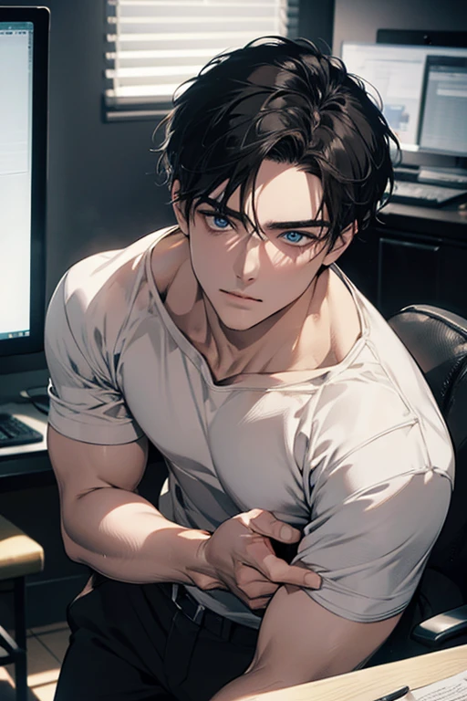 (Best Quality,4k,8k,high resolution,Masterpiece:1.2),ultra detailed,(realist,photorealist,photo-realist:1.37),1 man,31 years,mature man,very handsome,without expresion,muscled body,short gray black hair,Blue eyes,glare,perfect face without mistakes,imposing posture,businessman,office background,cinematic lighting,imagen HDR